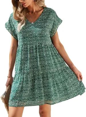 Summer Casual Midi Dress for Women Ruffle Short Sleeve Cute V Neck Dress Wedding Guest Tiered Pleated Smocked Dress