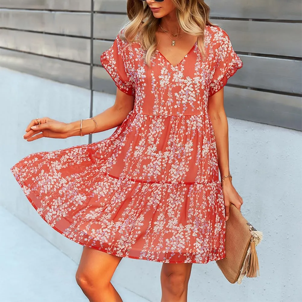 Summer Casual Midi Dress for Women Ruffle Short Sleeve Cute V Neck Dress Wedding Guest Tiered Pleated Smocked Dress