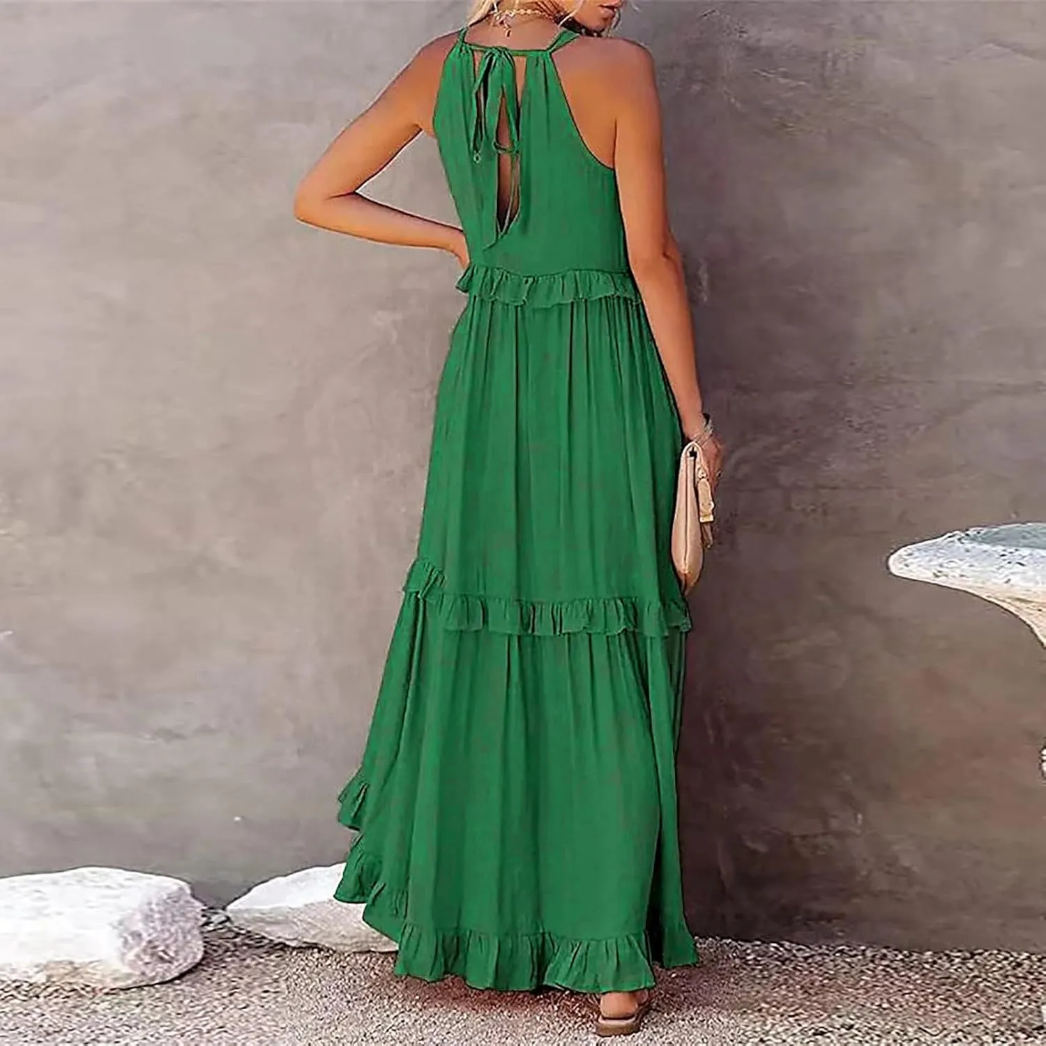 Summer Dresses for Women 2024 Halter Tie Back Loose Flowy Ruffle Tiered Maxi Dress Beach Swing Long Dress Sundress
