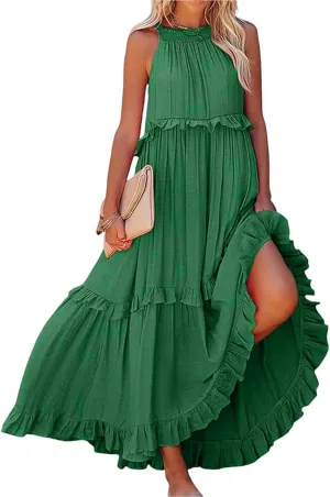 Summer Dresses for Women 2024 Halter Tie Back Loose Flowy Ruffle Tiered Maxi Dress Beach Swing Long Dress Sundress