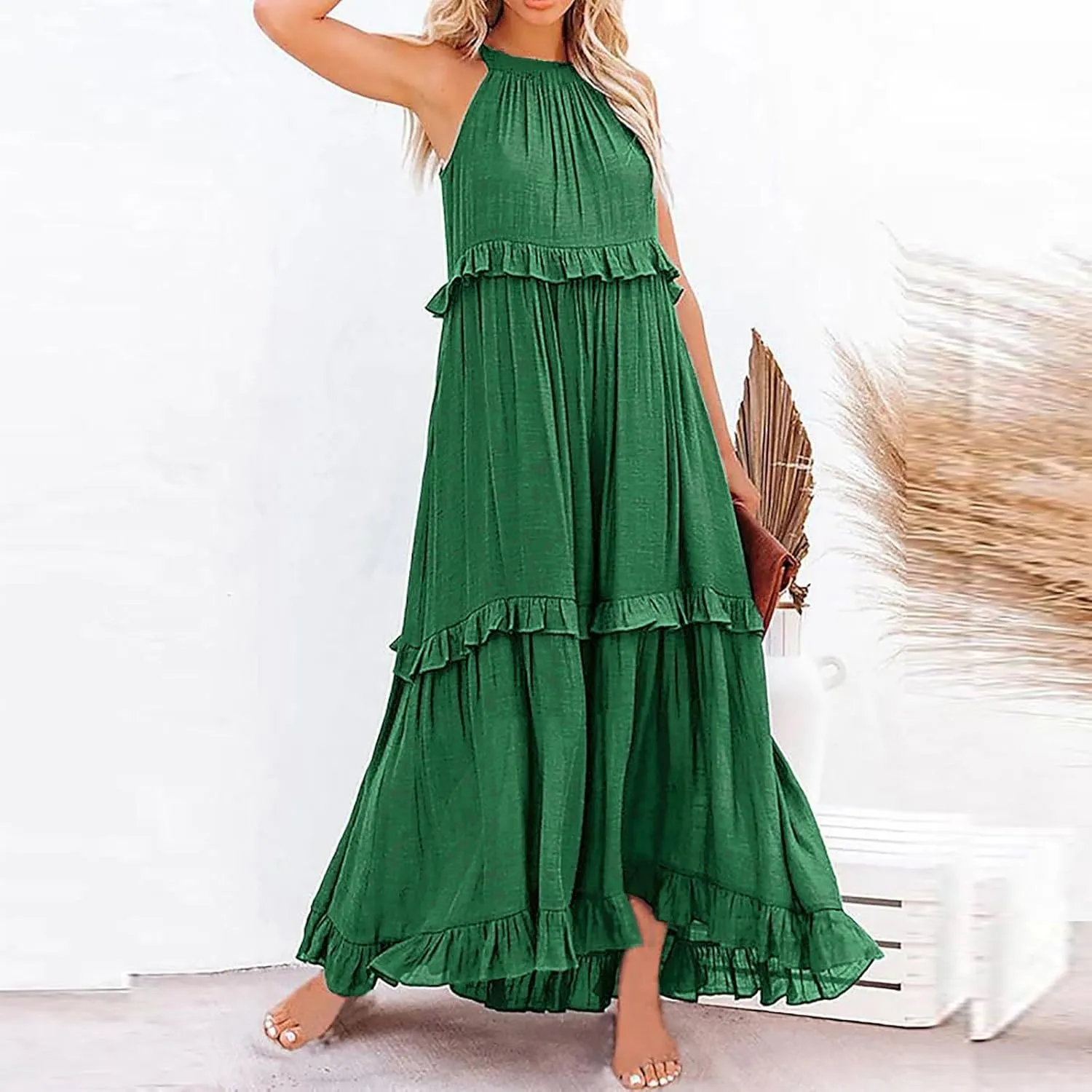 Summer Dresses for Women 2024 Halter Tie Back Loose Flowy Ruffle Tiered Maxi Dress Beach Swing Long Dress Sundress