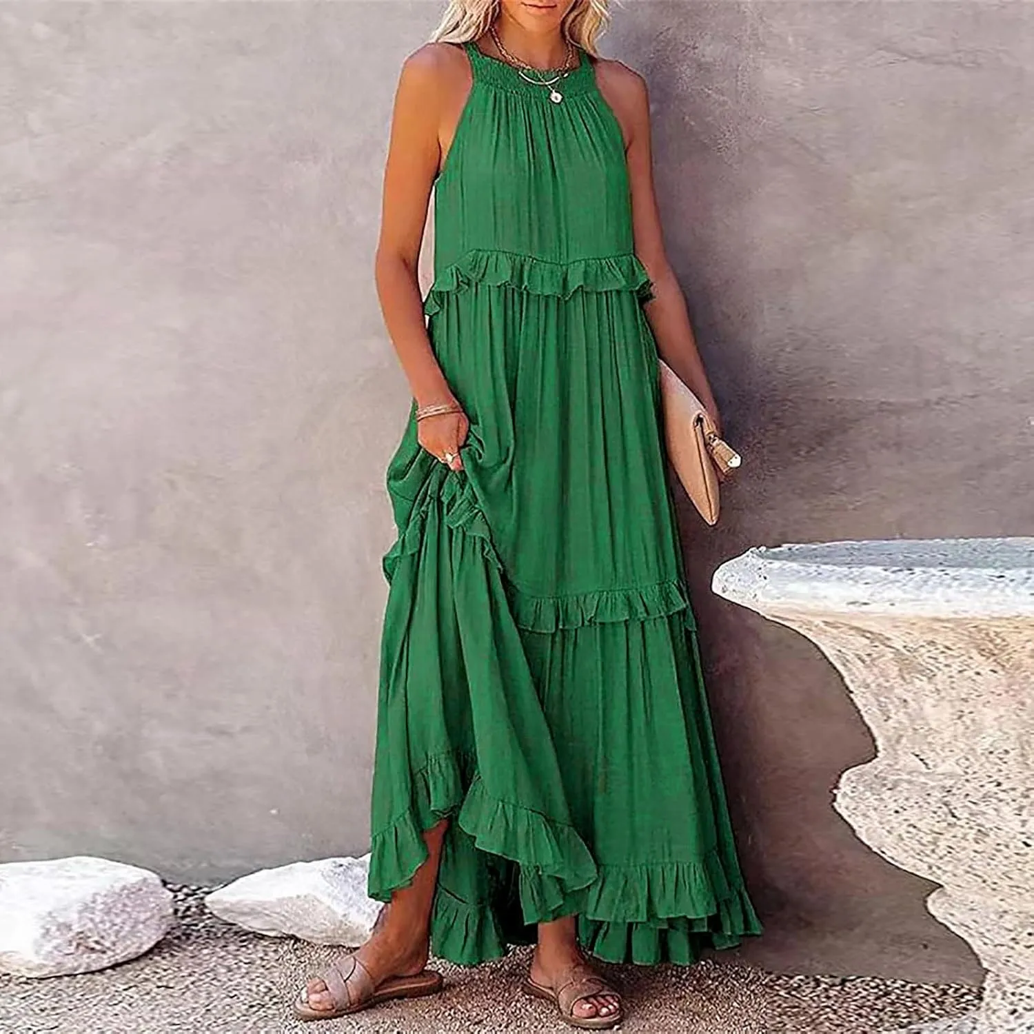 Summer Dresses for Women 2024 Halter Tie Back Loose Flowy Ruffle Tiered Maxi Dress Beach Swing Long Dress Sundress