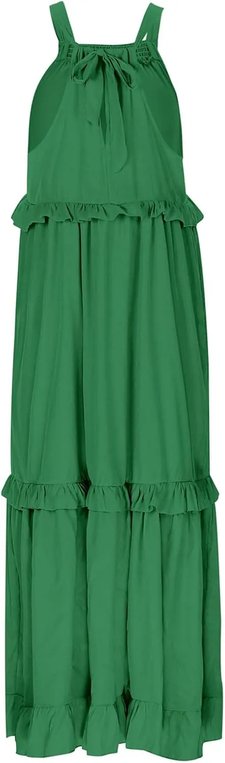 Summer Dresses for Women 2024 Halter Tie Back Loose Flowy Ruffle Tiered Maxi Dress Beach Swing Long Dress Sundress