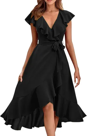 Summer Dresses for Women 2024,Casual Wrap Deep V Neck Midi Dress Boho Short Sleeve Ruffle Hem Beach Split Dresses