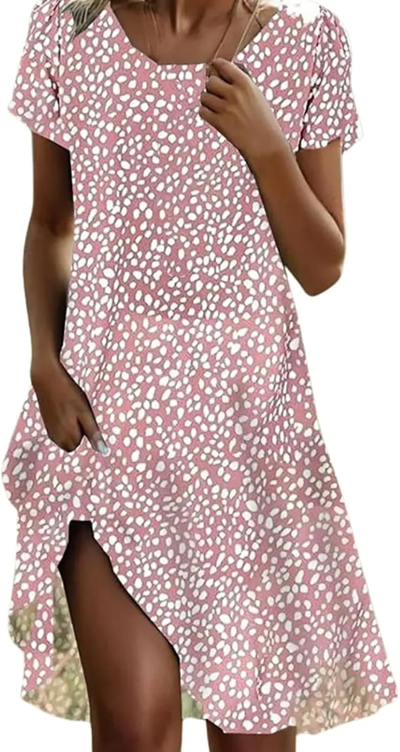 Summer Dresses for Women 2025 Casual Boho Short Sleeve Midi Dress Plus Size Baggy Flowy Swing Beach Vacation Sundress