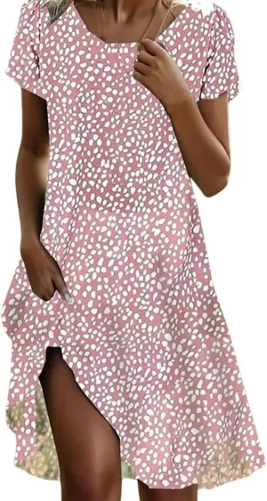 Summer Dresses for Women 2025 Casual Boho Short Sleeve Midi Dress Plus Size Baggy Flowy Swing Beach Vacation Sundress