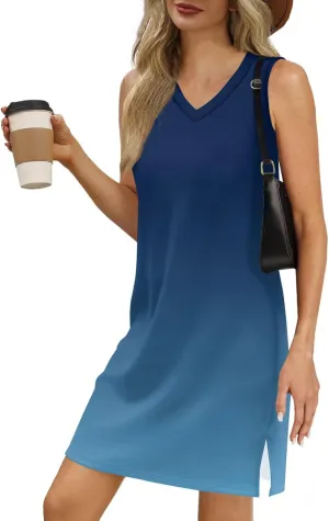 Summer Dresses for Women 2025 Floral Loose Tank Dress Beach T Shirt Dresses Sleeveless Casual Sundresses with Split