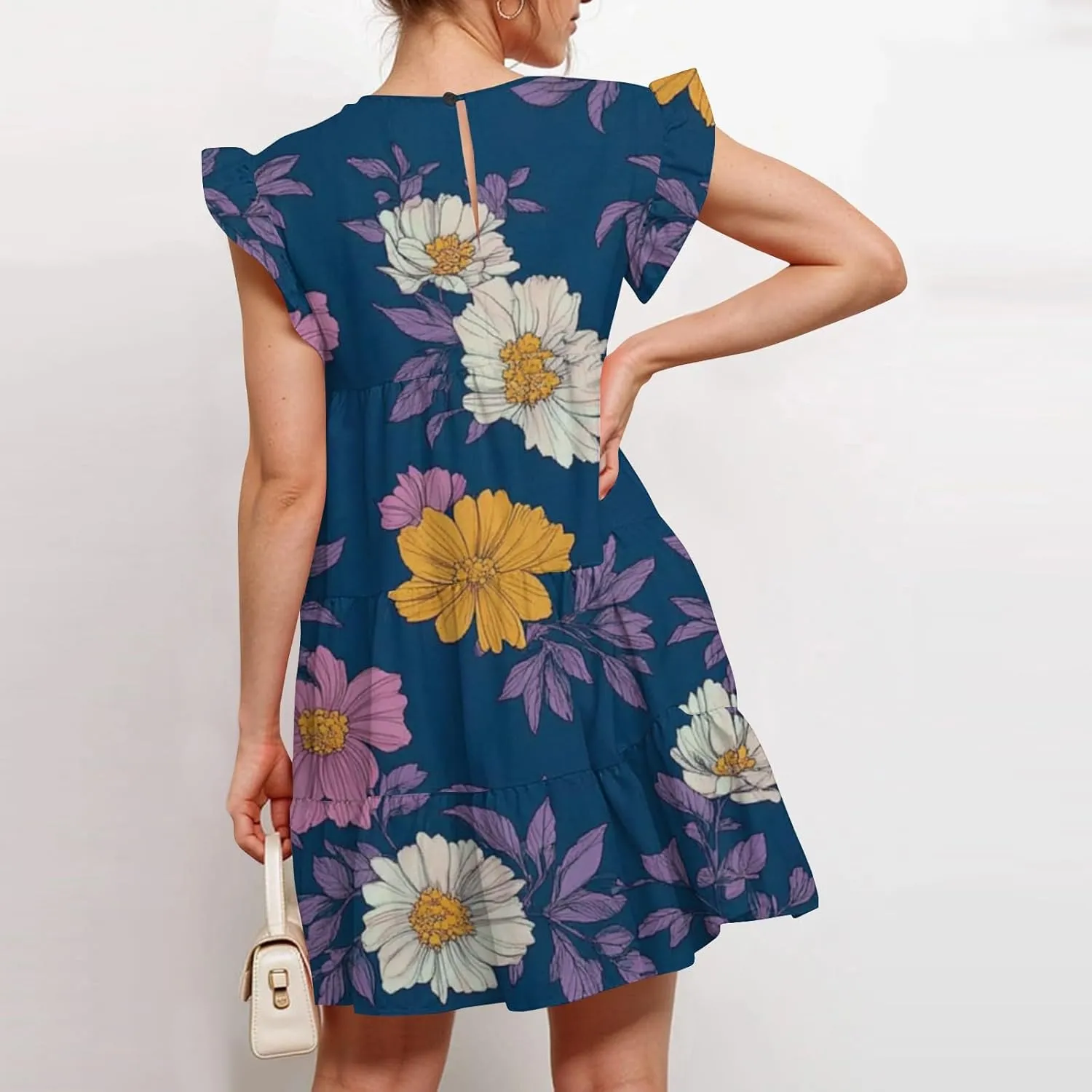 Summer Dresses for Women 2025 Floral Round Neck Shorts Sleeve Flowy Ruffle Mini Dress Beach Vacation Clothes