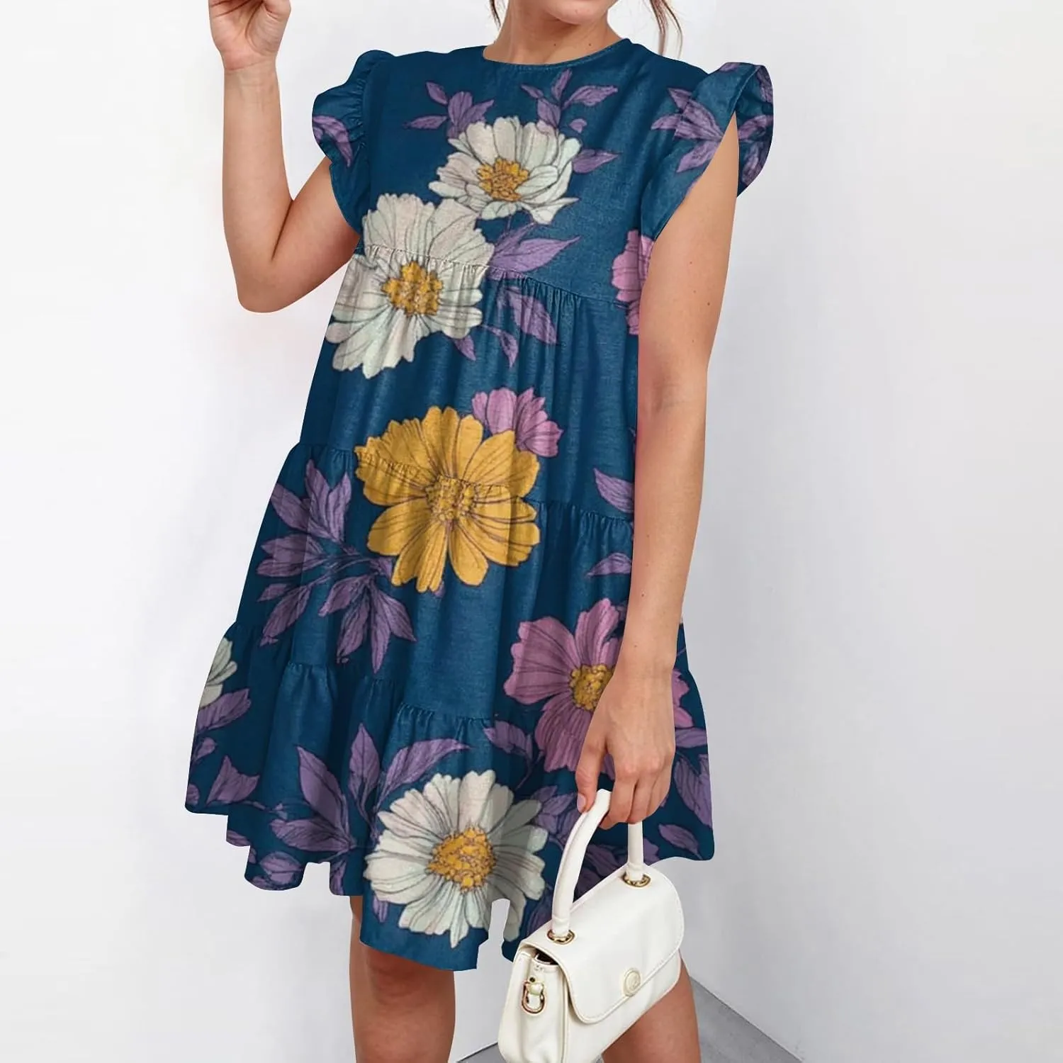 Summer Dresses for Women 2025 Floral Round Neck Shorts Sleeve Flowy Ruffle Mini Dress Beach Vacation Clothes