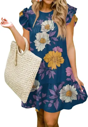 Summer Dresses for Women 2025 Floral Round Neck Shorts Sleeve Flowy Ruffle Mini Dress Beach Vacation Clothes