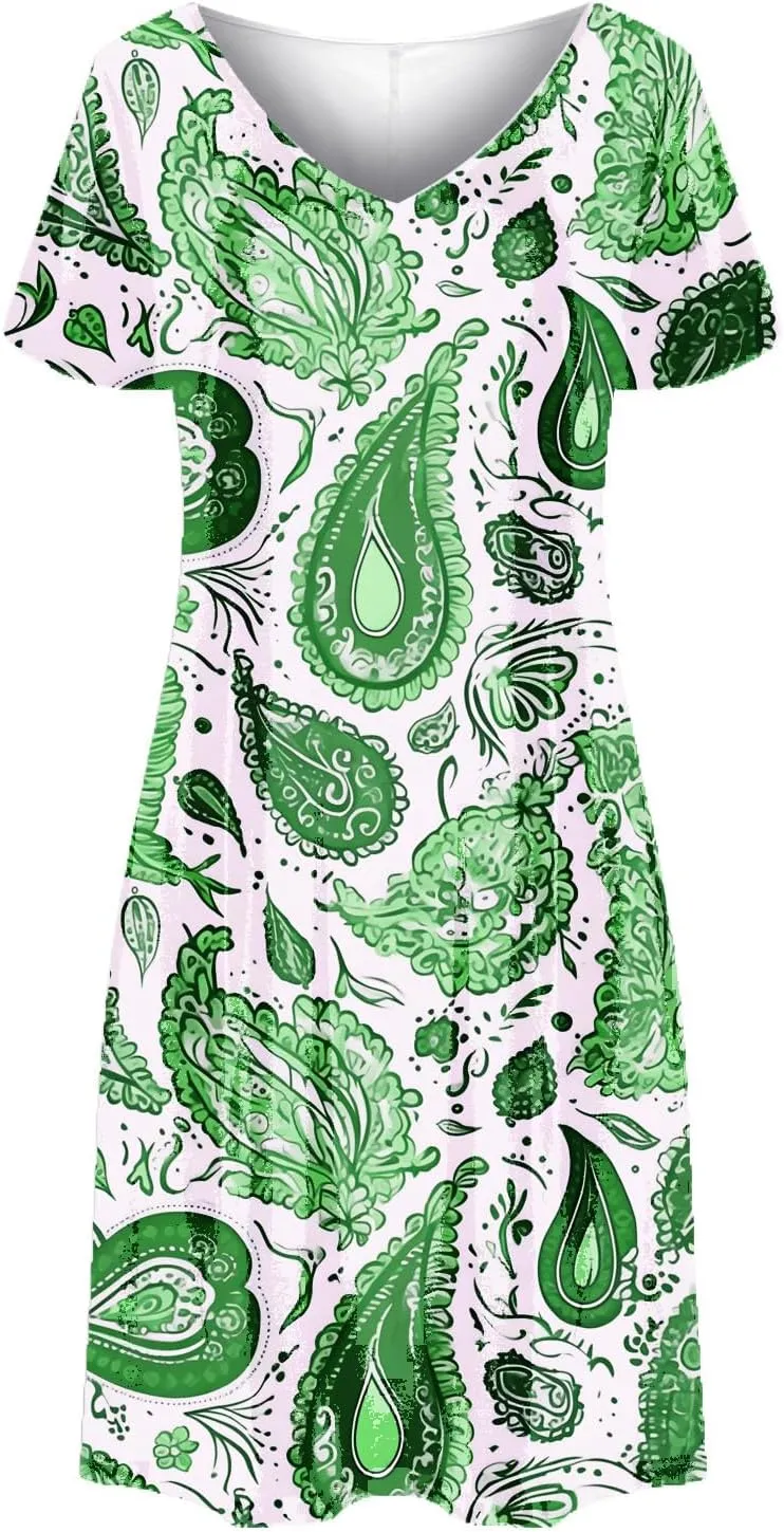 Summer Dresses for Women 2025 Loose V Neck Short Sleeve Casual T Shirt Dress Sundresses Floral Swimsuit Coverup