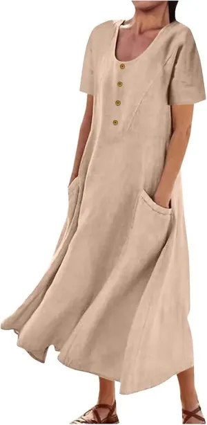 Summer Dresses for Women 2025 Short Sleeve Cotton Linen Maxi Dress Plus Size Crewneck Boho Dresses with Pockets