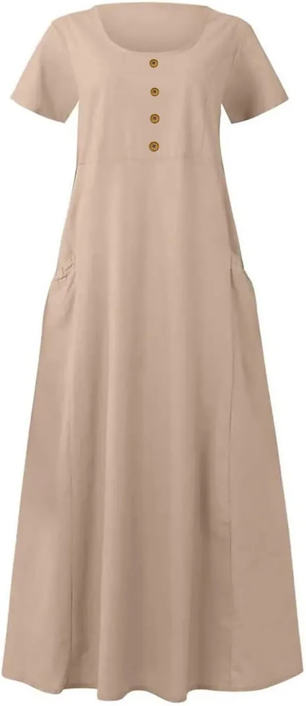 Summer Dresses for Women 2025 Short Sleeve Cotton Linen Maxi Dress Plus Size Crewneck Boho Dresses with Pockets