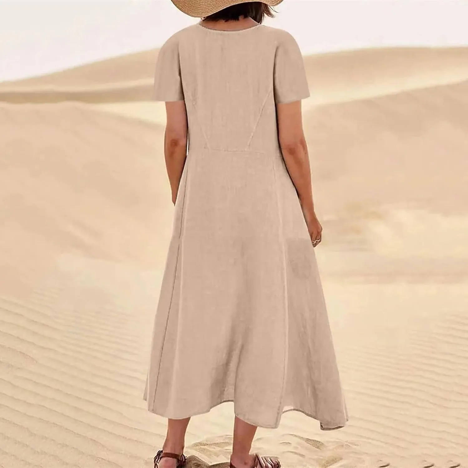 Summer Dresses for Women 2025 Short Sleeve Cotton Linen Maxi Dress Plus Size Crewneck Boho Dresses with Pockets