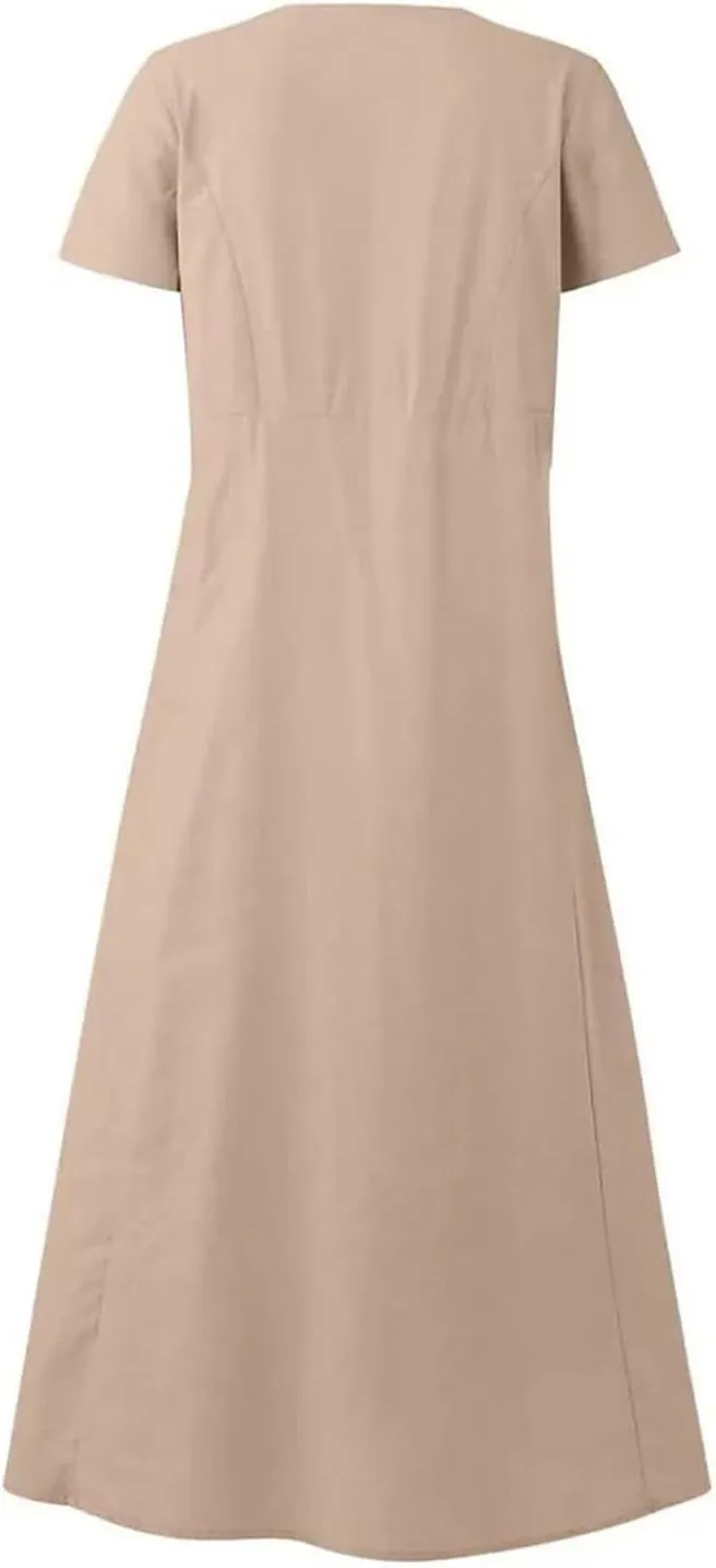 Summer Dresses for Women 2025 Short Sleeve Cotton Linen Maxi Dress Plus Size Crewneck Boho Dresses with Pockets