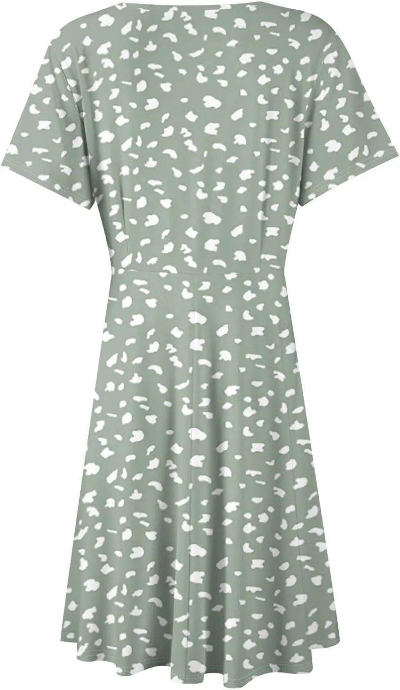 Summer Dresses for Women 2025 Short Sleeve V Neck Casual Flowy Boho Sundresses Floral A-Line Midi Hawaiian Dress