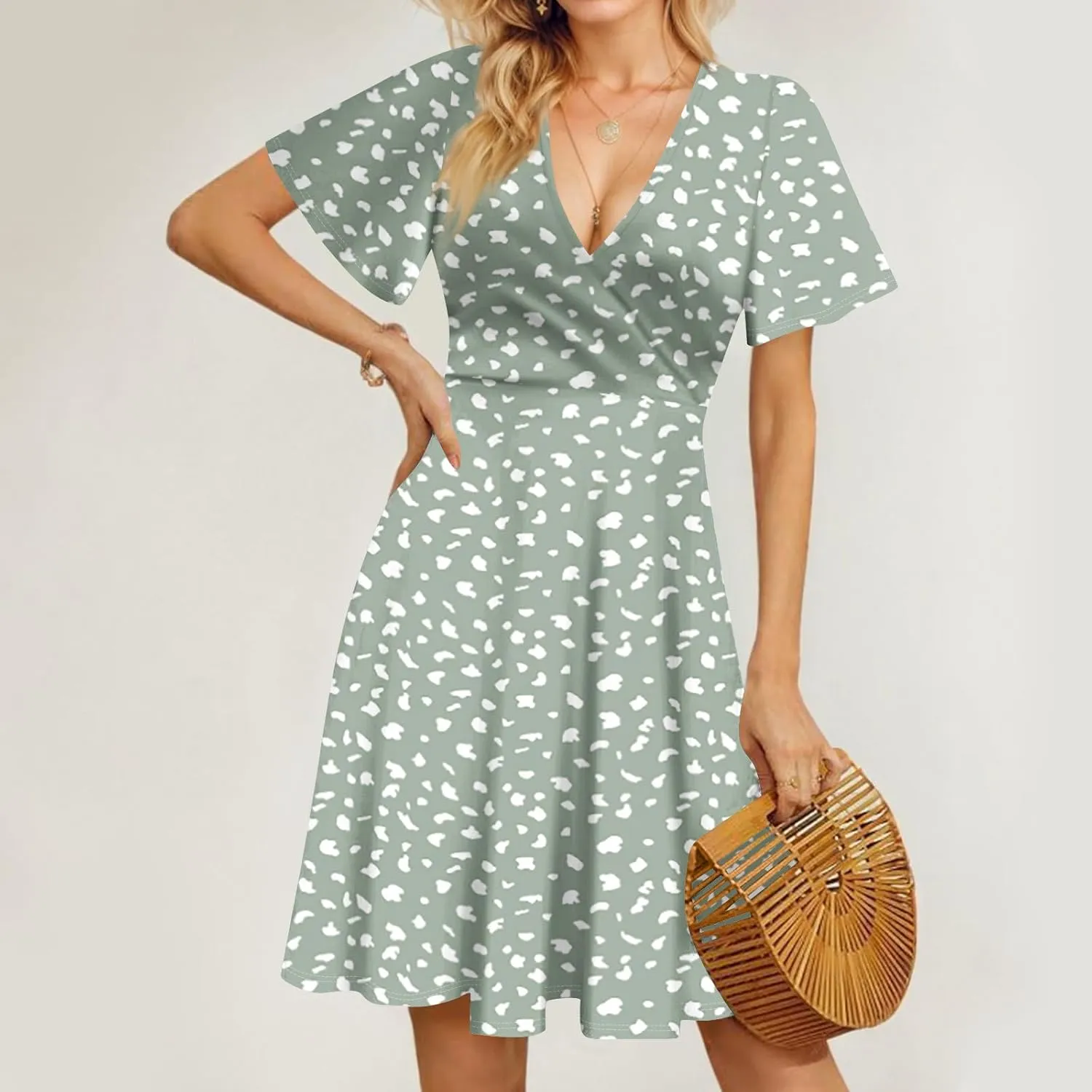 Summer Dresses for Women 2025 Short Sleeve V Neck Casual Flowy Boho Sundresses Floral A-Line Midi Hawaiian Dress
