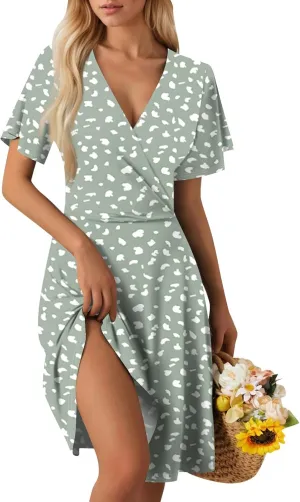 Summer Dresses for Women 2025 Short Sleeve V Neck Casual Flowy Boho Sundresses Floral A-Line Midi Hawaiian Dress