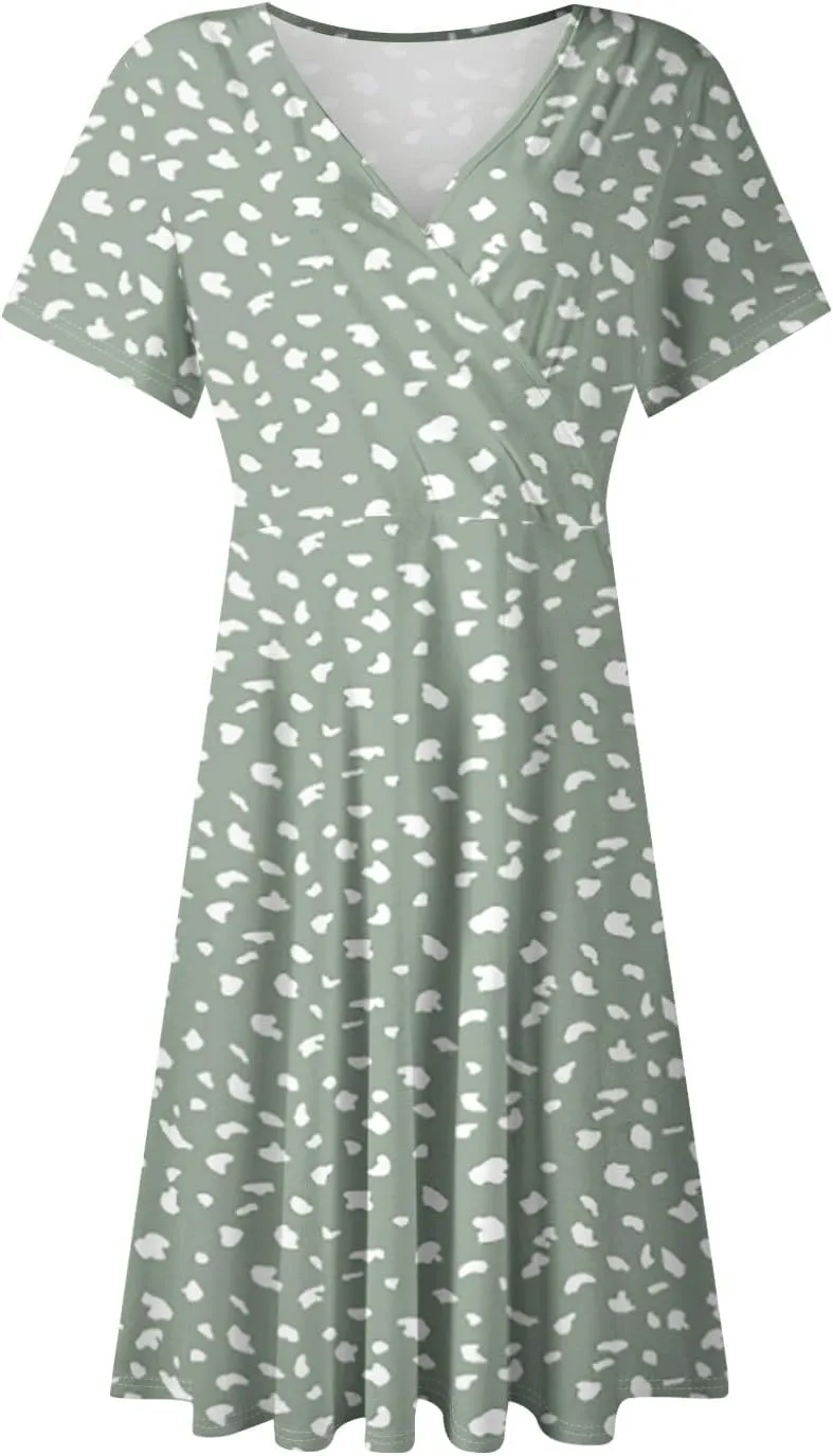 Summer Dresses for Women 2025 Short Sleeve V Neck Casual Flowy Boho Sundresses Floral A-Line Midi Hawaiian Dress