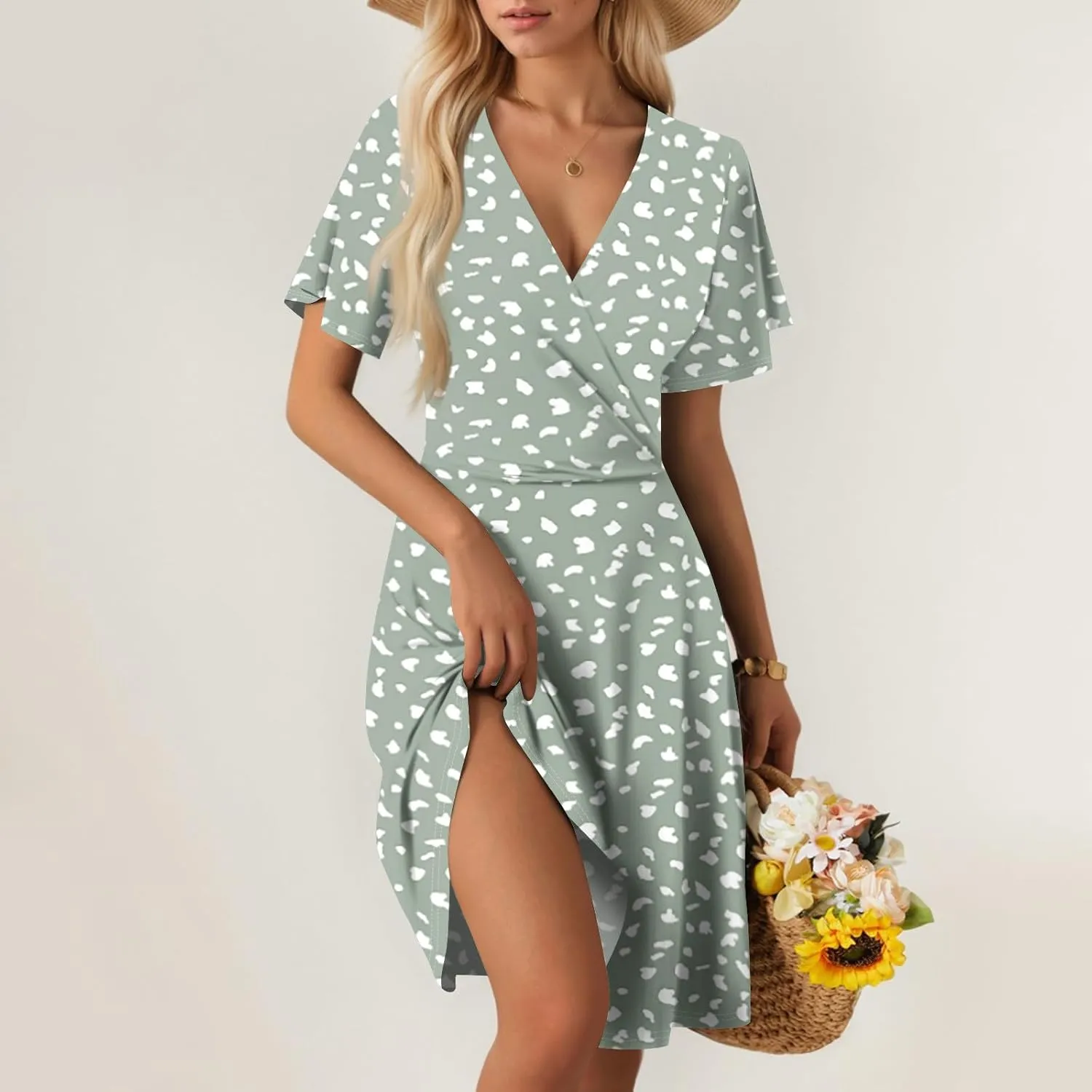 Summer Dresses for Women 2025 Short Sleeve V Neck Casual Flowy Boho Sundresses Floral A-Line Midi Hawaiian Dress