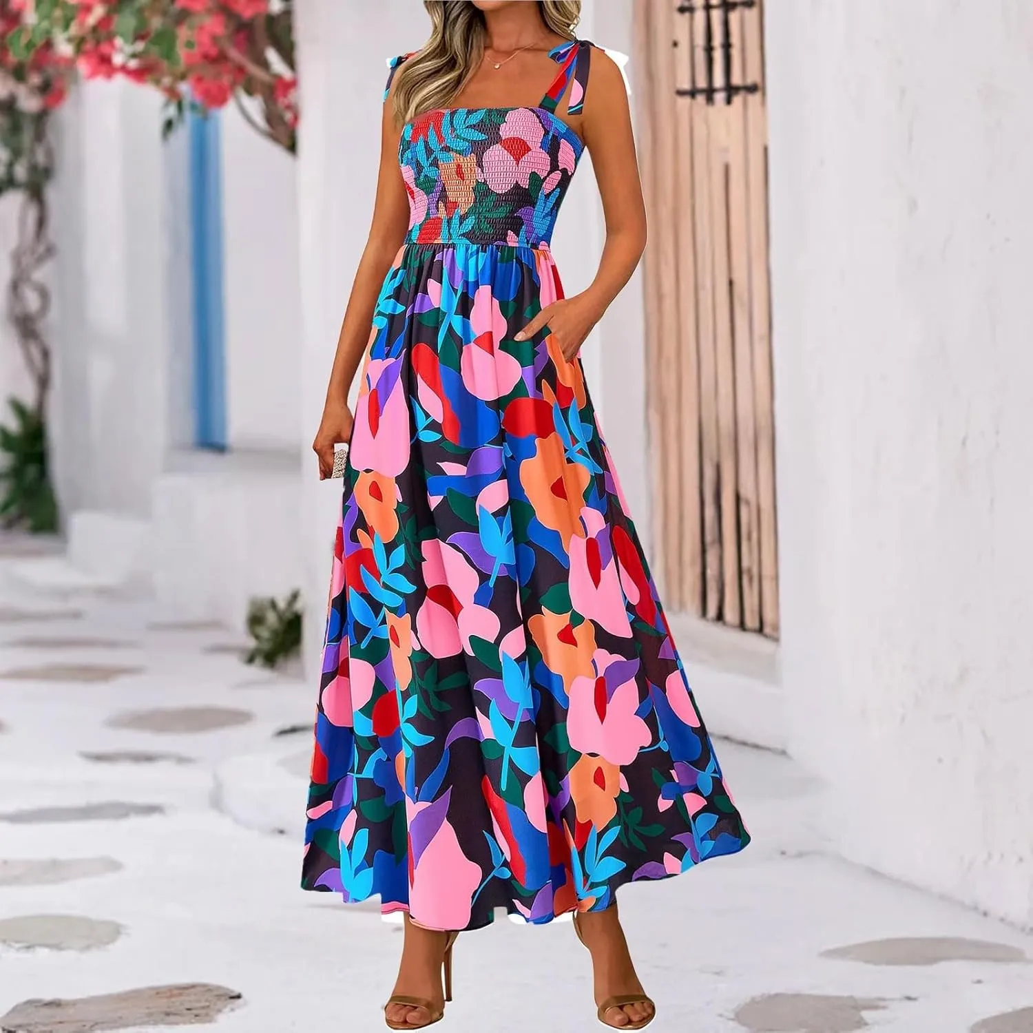 Summer Dresses for Women 2025 Sleeveless Smocked Boho Floral Maxi Dresses Spaghetti Strap Beach Sundress with Pockets
