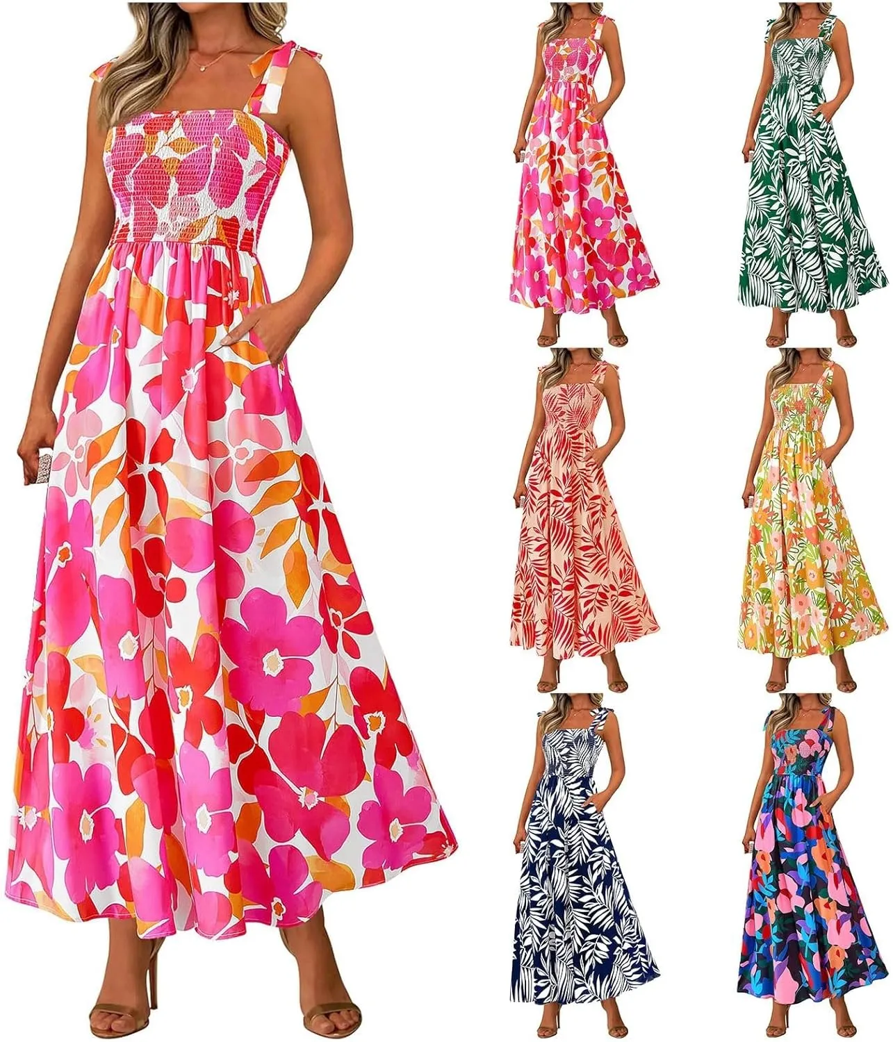 Summer Dresses for Women 2025 Sleeveless Smocked Boho Floral Maxi Dresses Spaghetti Strap Beach Sundress with Pockets