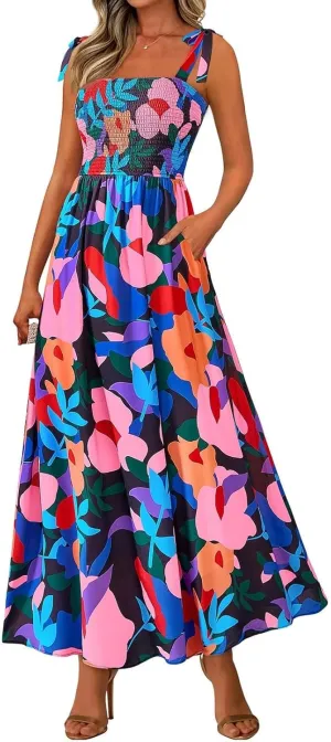 Summer Dresses for Women 2025 Sleeveless Smocked Boho Floral Maxi Dresses Spaghetti Strap Beach Sundress with Pockets