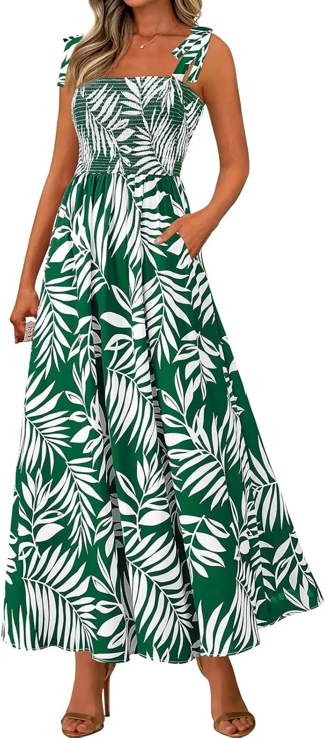 Summer Dresses for Women 2025 Sleeveless Smocked Boho Floral Maxi Dresses Spaghetti Strap Beach Sundress with Pockets
