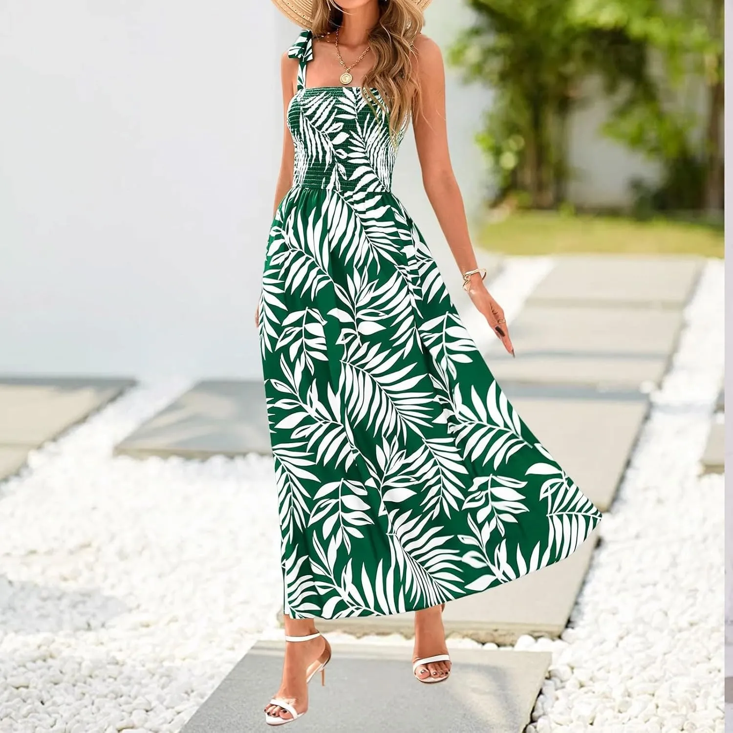 Summer Dresses for Women 2025 Sleeveless Smocked Boho Floral Maxi Dresses Spaghetti Strap Beach Sundress with Pockets