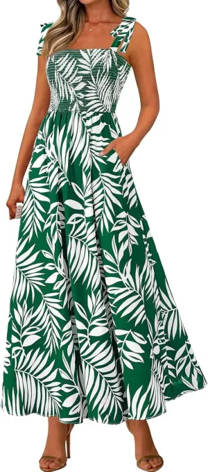 Summer Dresses for Women 2025 Sleeveless Smocked Boho Floral Maxi Dresses Spaghetti Strap Beach Sundress with Pockets