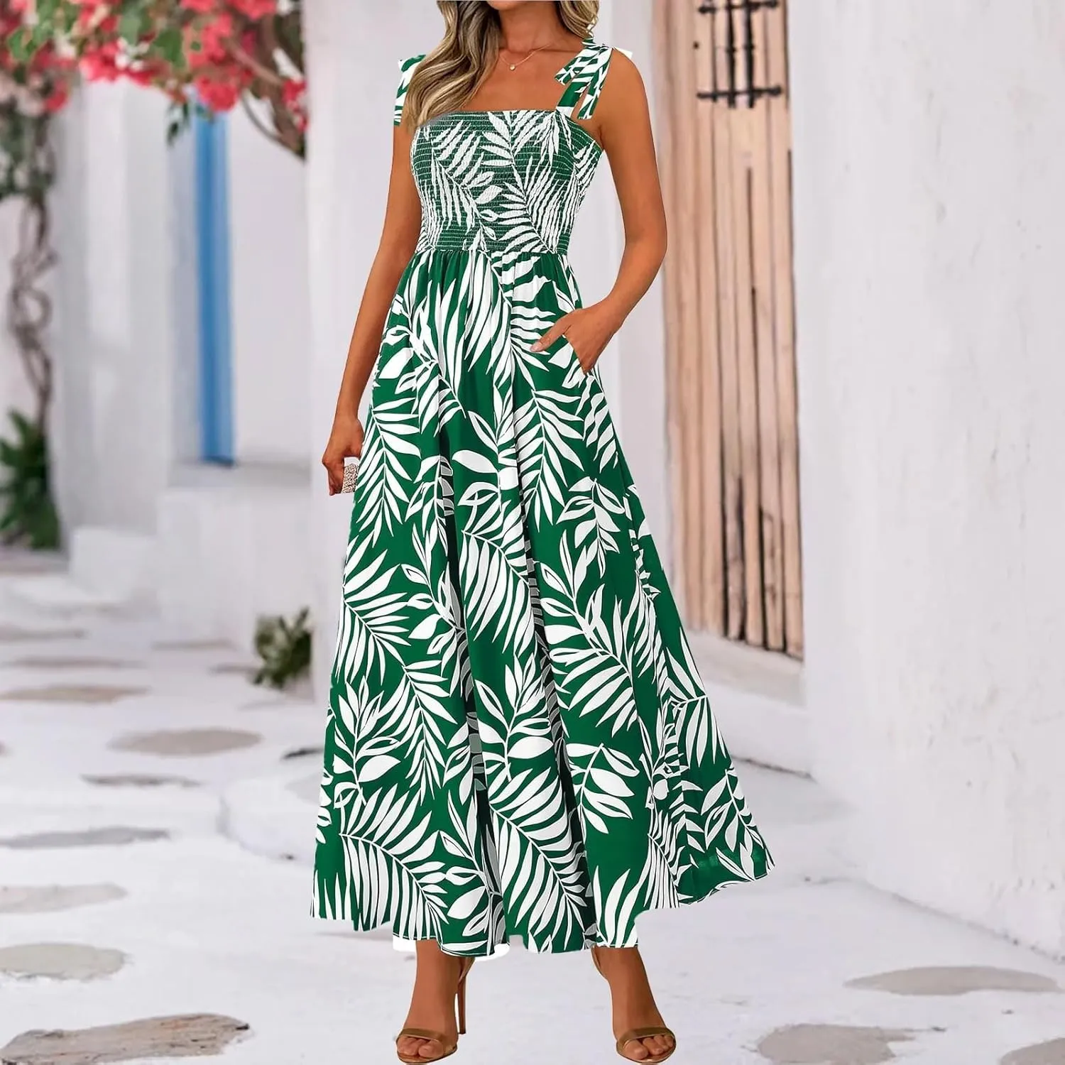 Summer Dresses for Women 2025 Sleeveless Smocked Boho Floral Maxi Dresses Spaghetti Strap Beach Sundress with Pockets