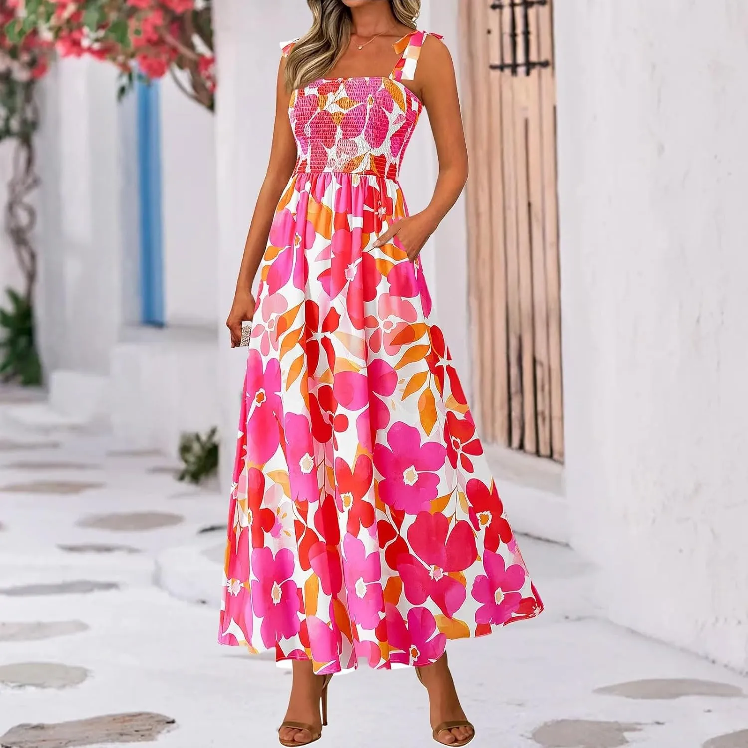 Summer Dresses for Women 2025 Sleeveless Smocked Boho Floral Maxi Dresses Spaghetti Strap Beach Sundress with Pockets
