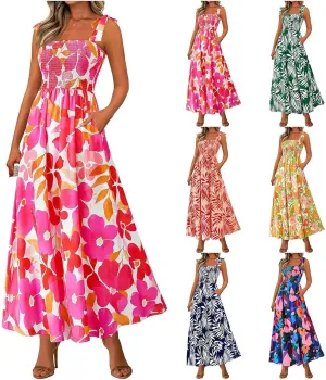 Summer Dresses for Women 2025 Sleeveless Smocked Boho Floral Maxi Dresses Spaghetti Strap Beach Sundress with Pockets