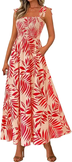 Summer Dresses for Women 2025 Sleeveless Smocked Boho Floral Maxi Dresses Spaghetti Strap Beach Sundress with Pockets