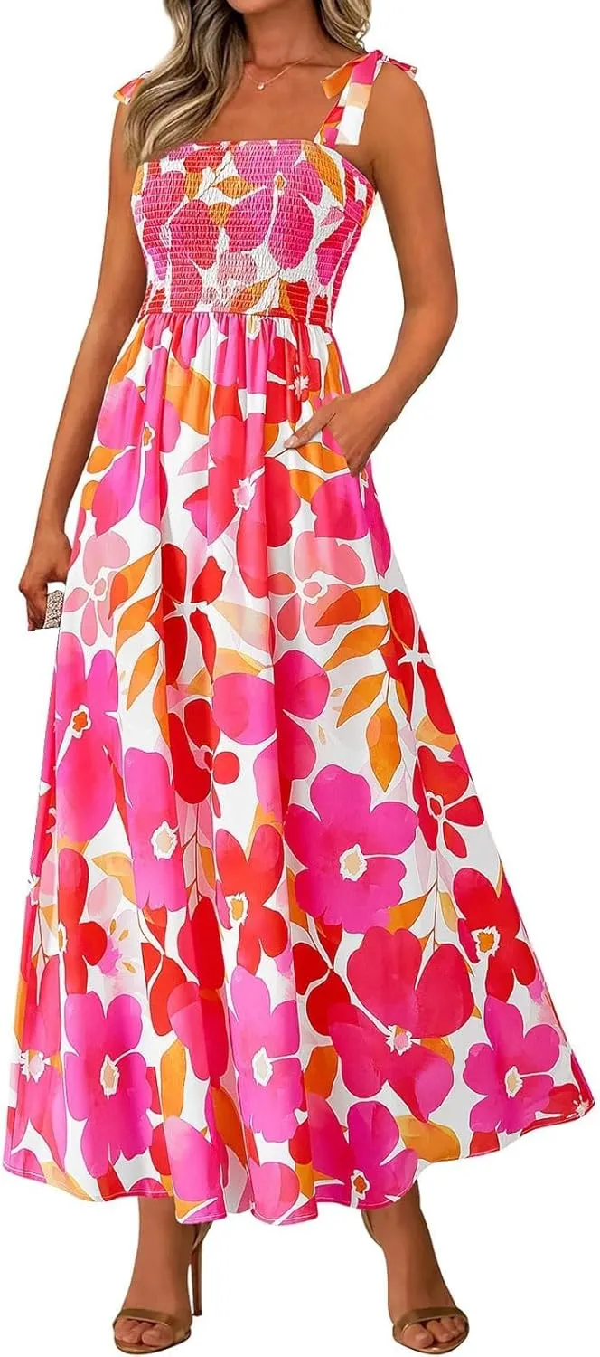 Summer Dresses for Women 2025 Sleeveless Smocked Boho Floral Maxi Dresses Spaghetti Strap Beach Sundress with Pockets