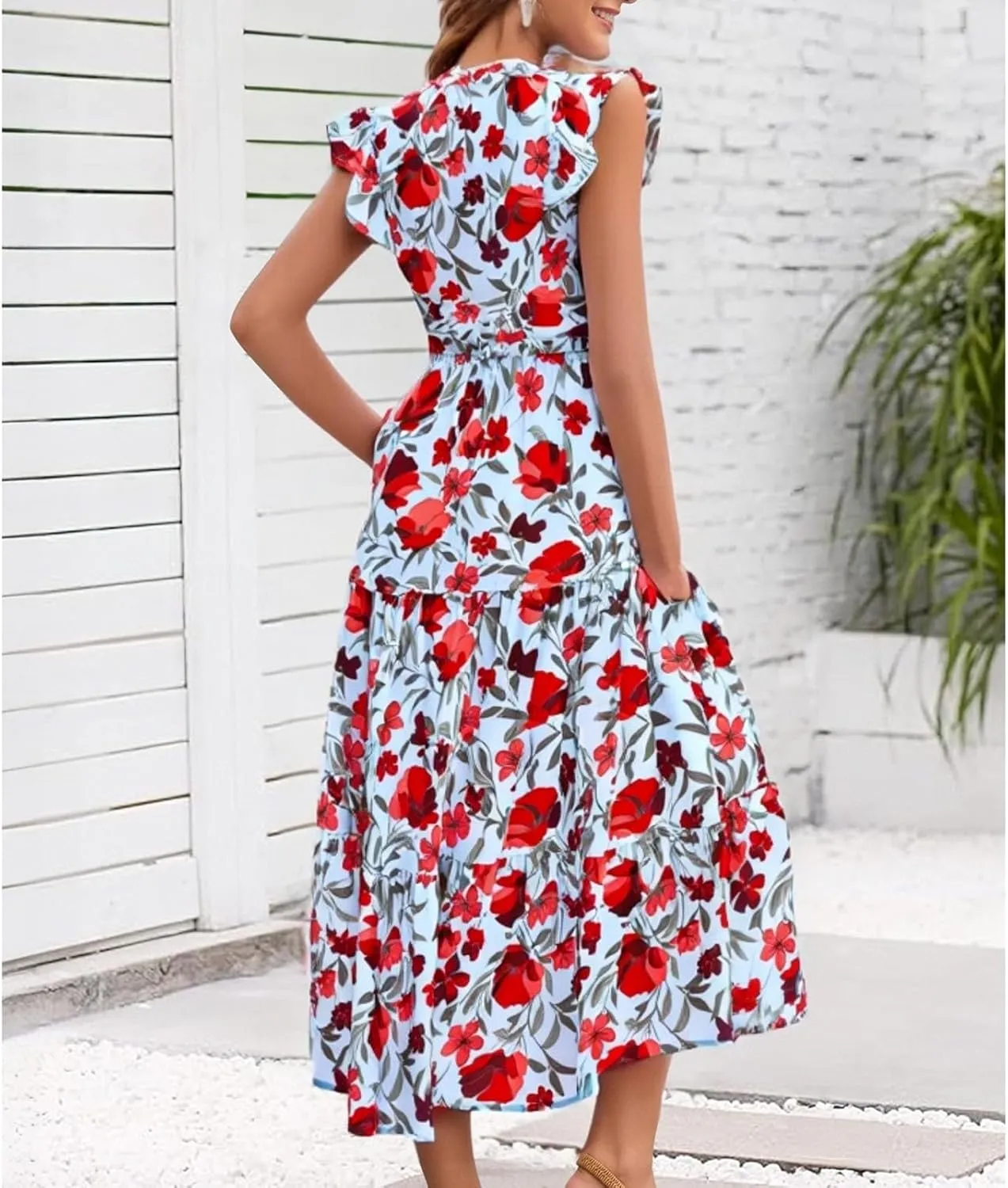 Summer Dresses for Women 2025 V Neck Cap Sleeve Floral Maxi Dress Flowy Tiered Ruffle Boho Dresses Beach Vacation Sundress