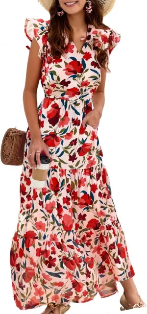 Summer Dresses for Women 2025 V Neck Cap Sleeve Floral Maxi Dress Flowy Tiered Ruffle Boho Dresses Beach Vacation Sundress