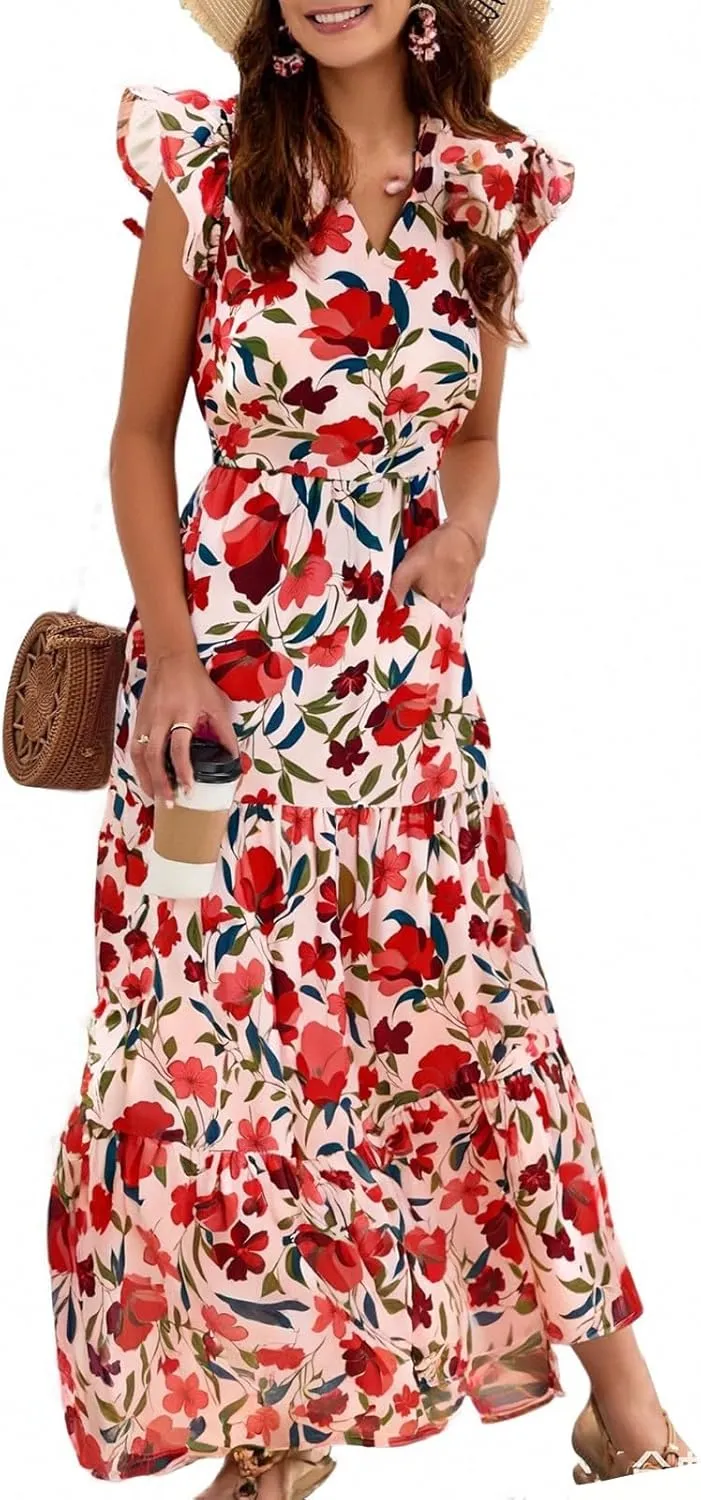 Summer Dresses for Women 2025 V Neck Cap Sleeve Floral Maxi Dress Flowy Tiered Ruffle Boho Dresses Beach Vacation Sundress