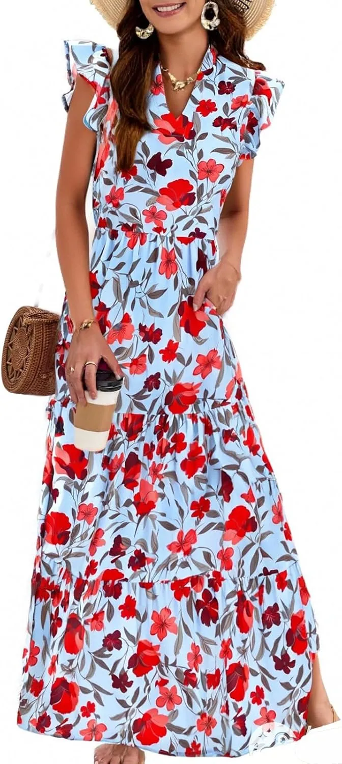 Summer Dresses for Women 2025 V Neck Cap Sleeve Floral Maxi Dress Flowy Tiered Ruffle Boho Dresses Beach Vacation Sundress
