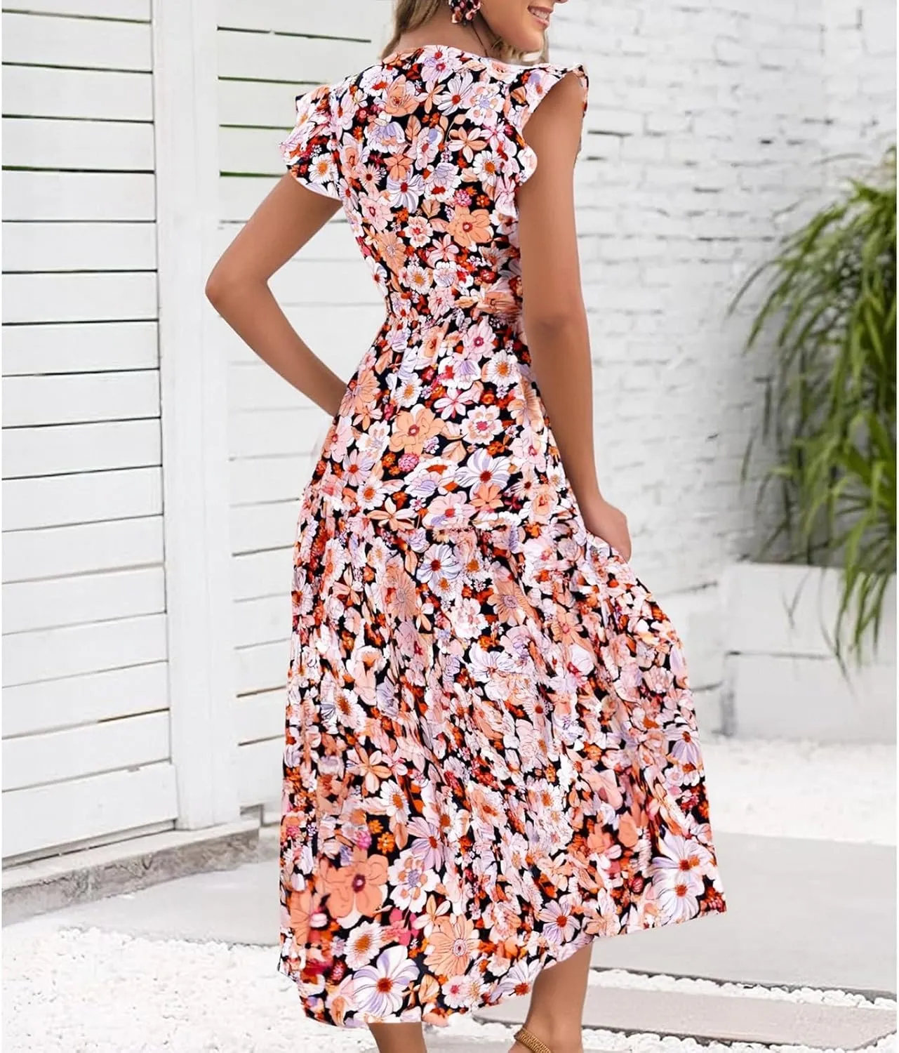 Summer Dresses for Women 2025 V Neck Cap Sleeve Floral Maxi Dress Flowy Tiered Ruffle Boho Dresses Beach Vacation Sundress