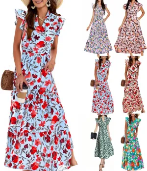Summer Dresses for Women 2025 V Neck Cap Sleeve Floral Maxi Dress Flowy Tiered Ruffle Boho Dresses Beach Vacation Sundress