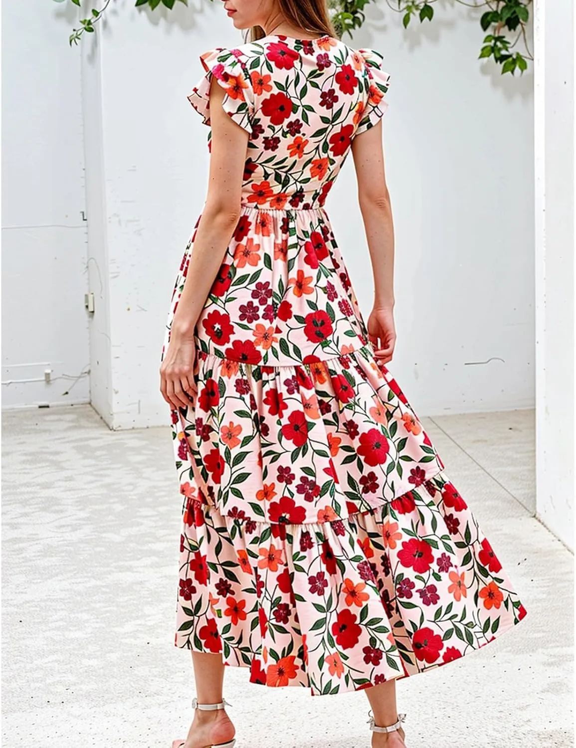 Summer Dresses for Women 2025 V Neck Cap Sleeve Floral Maxi Dress Flowy Tiered Ruffle Boho Dresses Beach Vacation Sundress