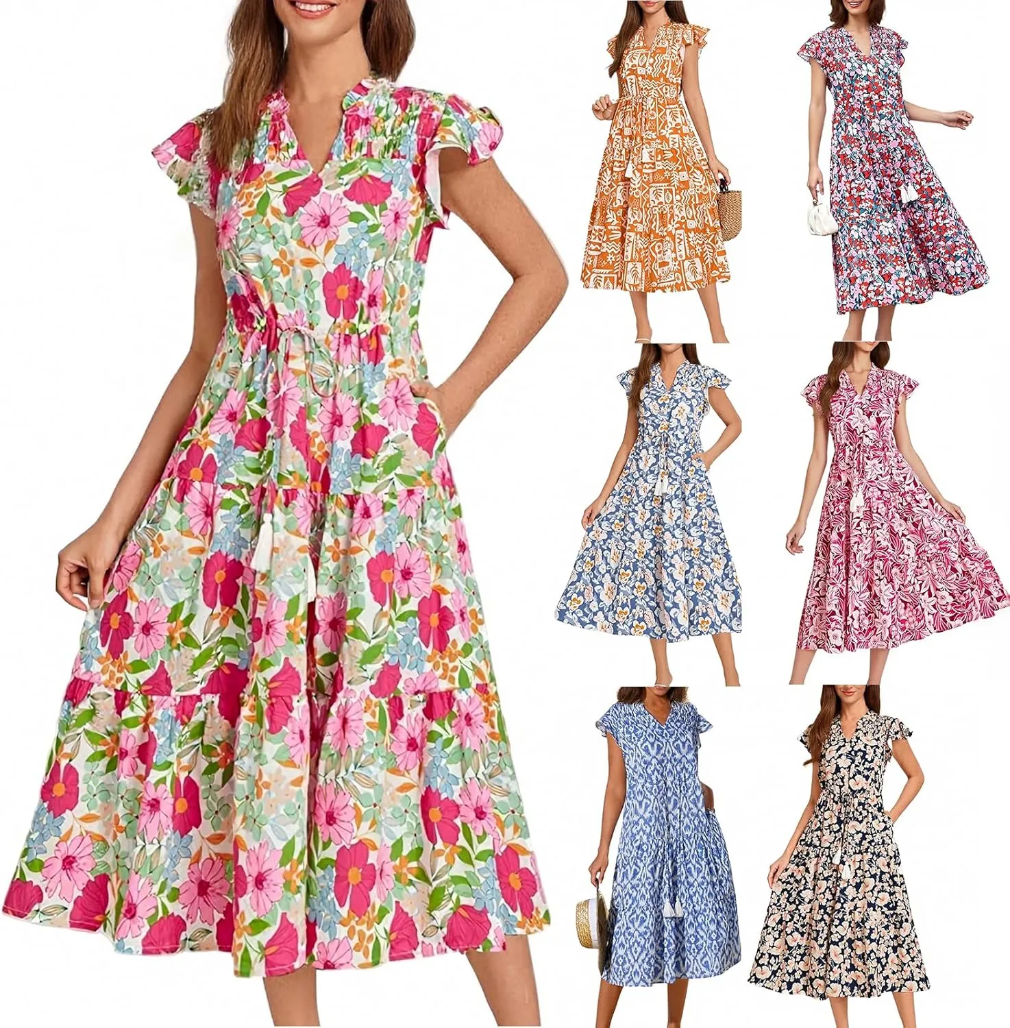 Summer Dresses for Women 2025 V Neck Cap Sleeve Floral Ruffle Maxi Dress Tiered Flowy Boho Midi Dresses with Pockets
