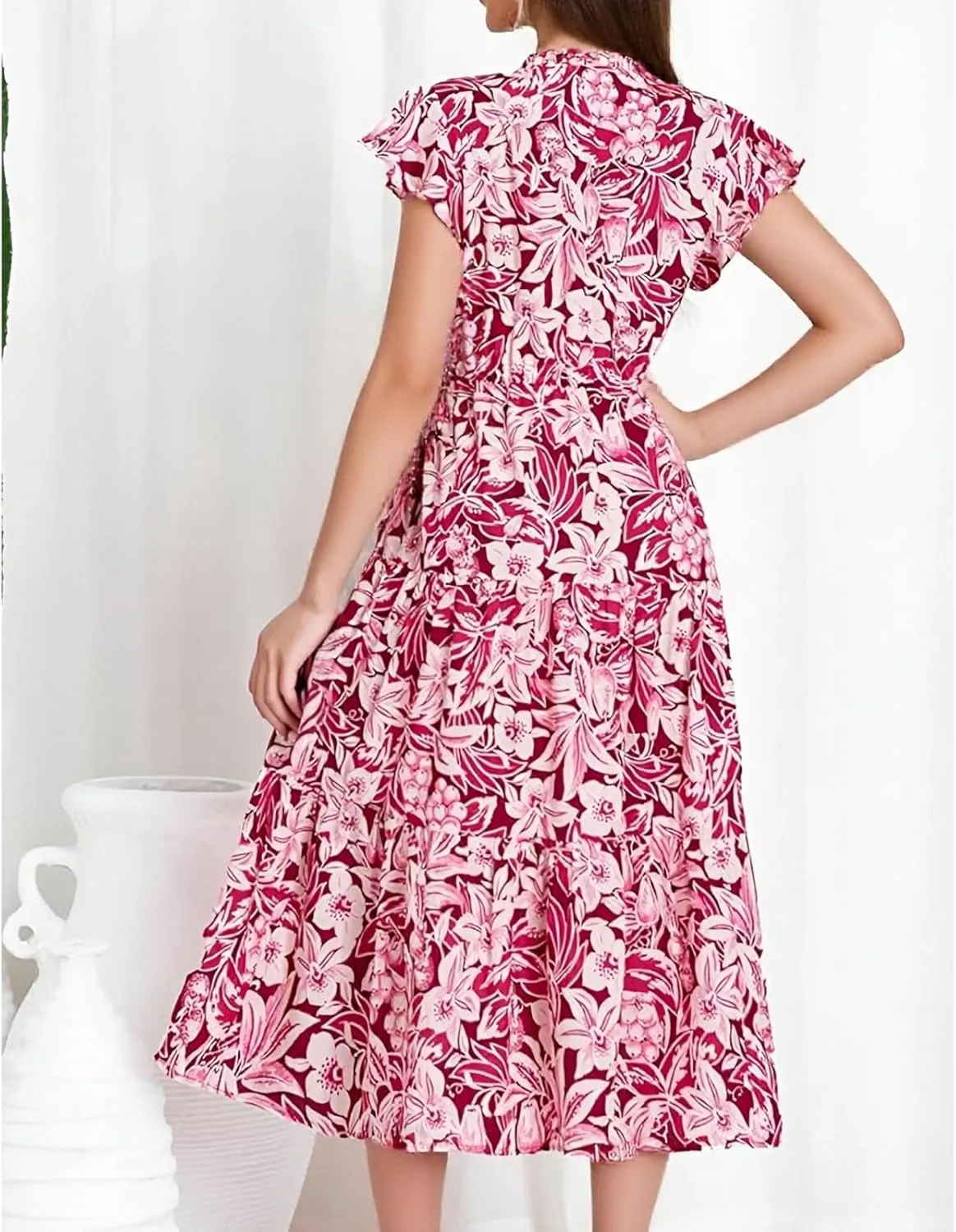 Summer Dresses for Women 2025 V Neck Cap Sleeve Floral Ruffle Maxi Dress Tiered Flowy Boho Midi Dresses with Pockets