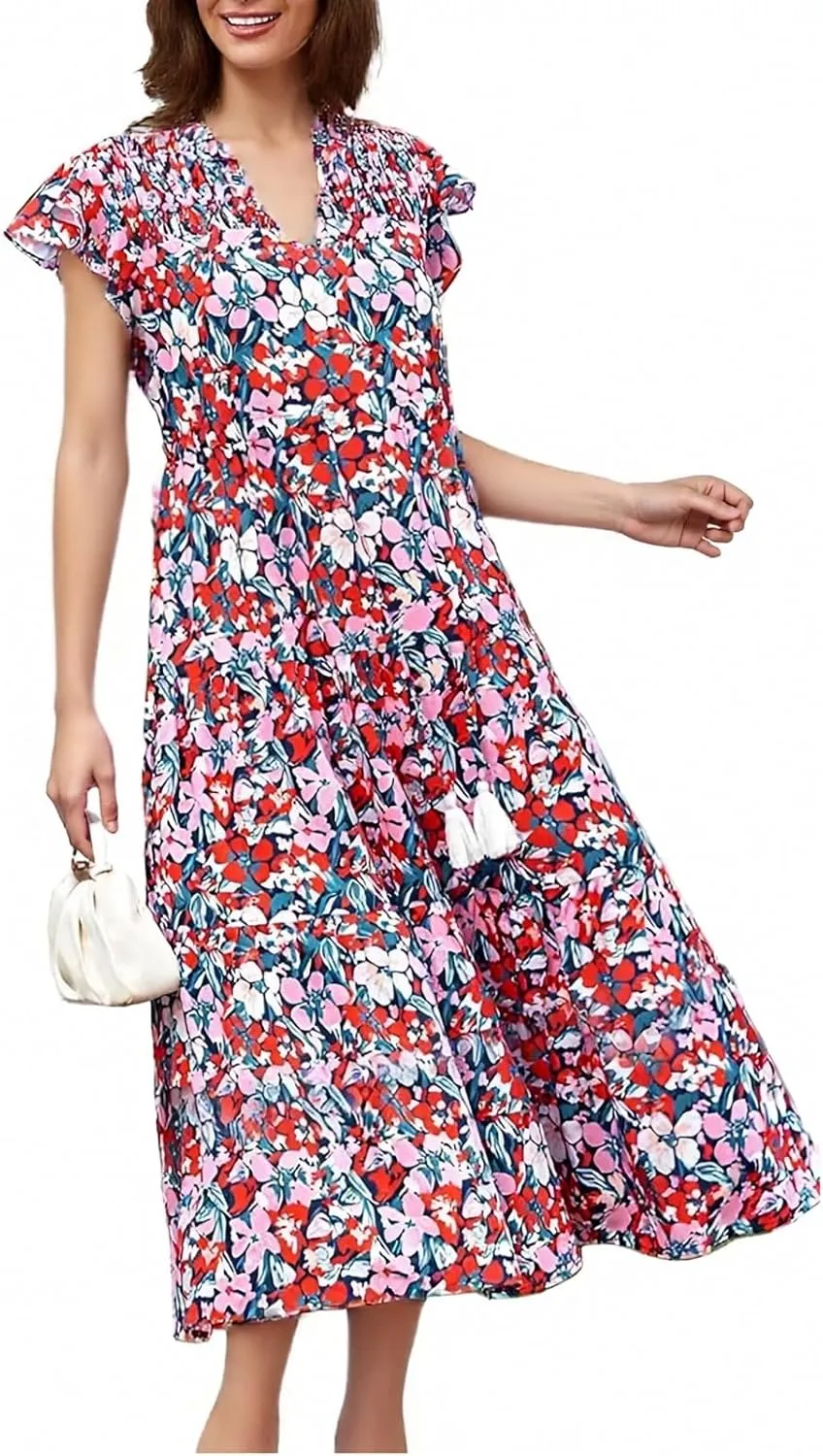 Summer Dresses for Women 2025 V Neck Cap Sleeve Floral Ruffle Maxi Dress Tiered Flowy Boho Midi Dresses with Pockets