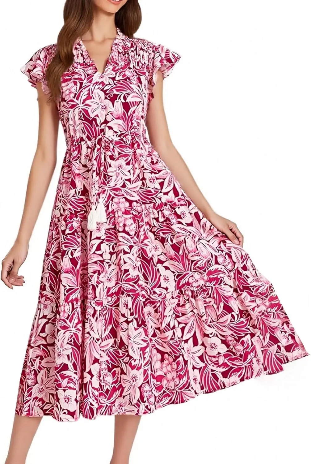 Summer Dresses for Women 2025 V Neck Cap Sleeve Floral Ruffle Maxi Dress Tiered Flowy Boho Midi Dresses with Pockets