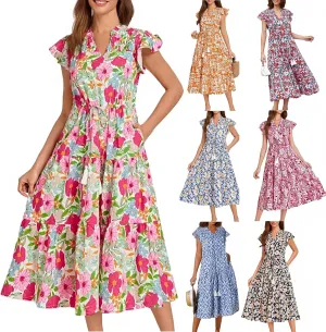 Summer Dresses for Women 2025 V Neck Cap Sleeve Floral Ruffle Maxi Dress Tiered Flowy Boho Midi Dresses with Pockets