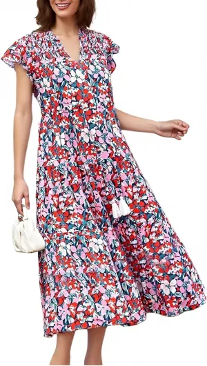 Summer Dresses for Women 2025 V Neck Cap Sleeve Floral Ruffle Maxi Dress Tiered Flowy Boho Midi Dresses with Pockets