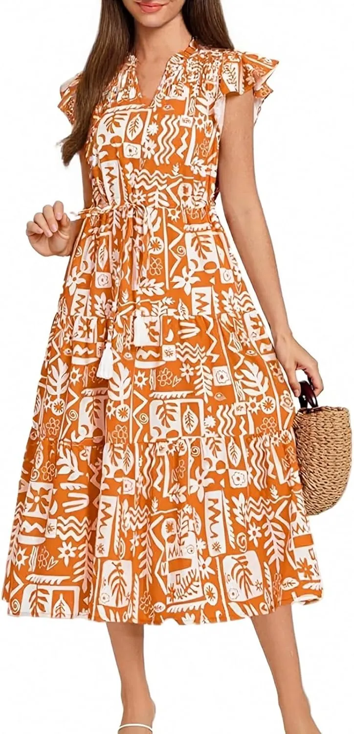 Summer Dresses for Women 2025 V Neck Cap Sleeve Floral Ruffle Maxi Dress Tiered Flowy Boho Midi Dresses with Pockets