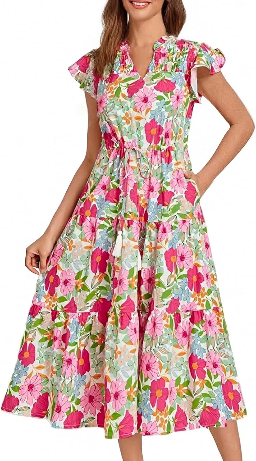 Summer Dresses for Women 2025 V Neck Cap Sleeve Floral Ruffle Maxi Dress Tiered Flowy Boho Midi Dresses with Pockets